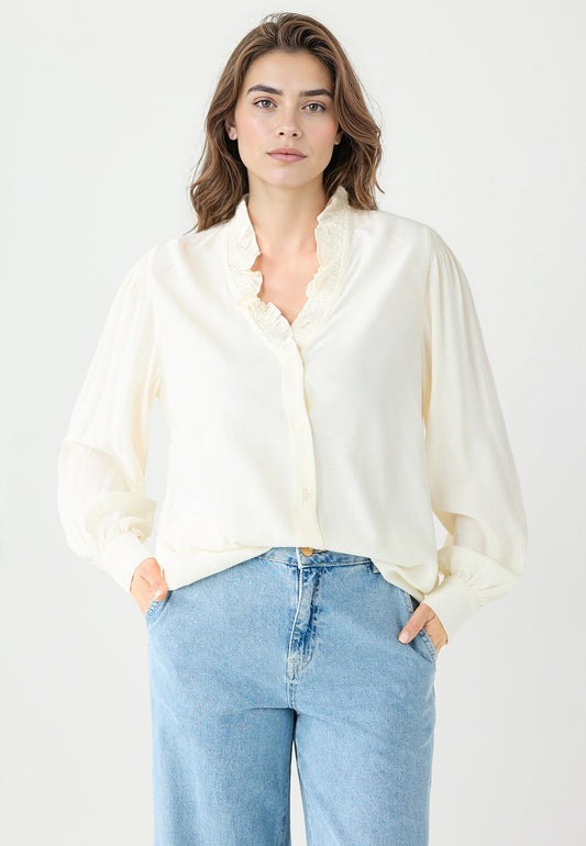 Long-Sleeved Draped Collar Woven Shirt
