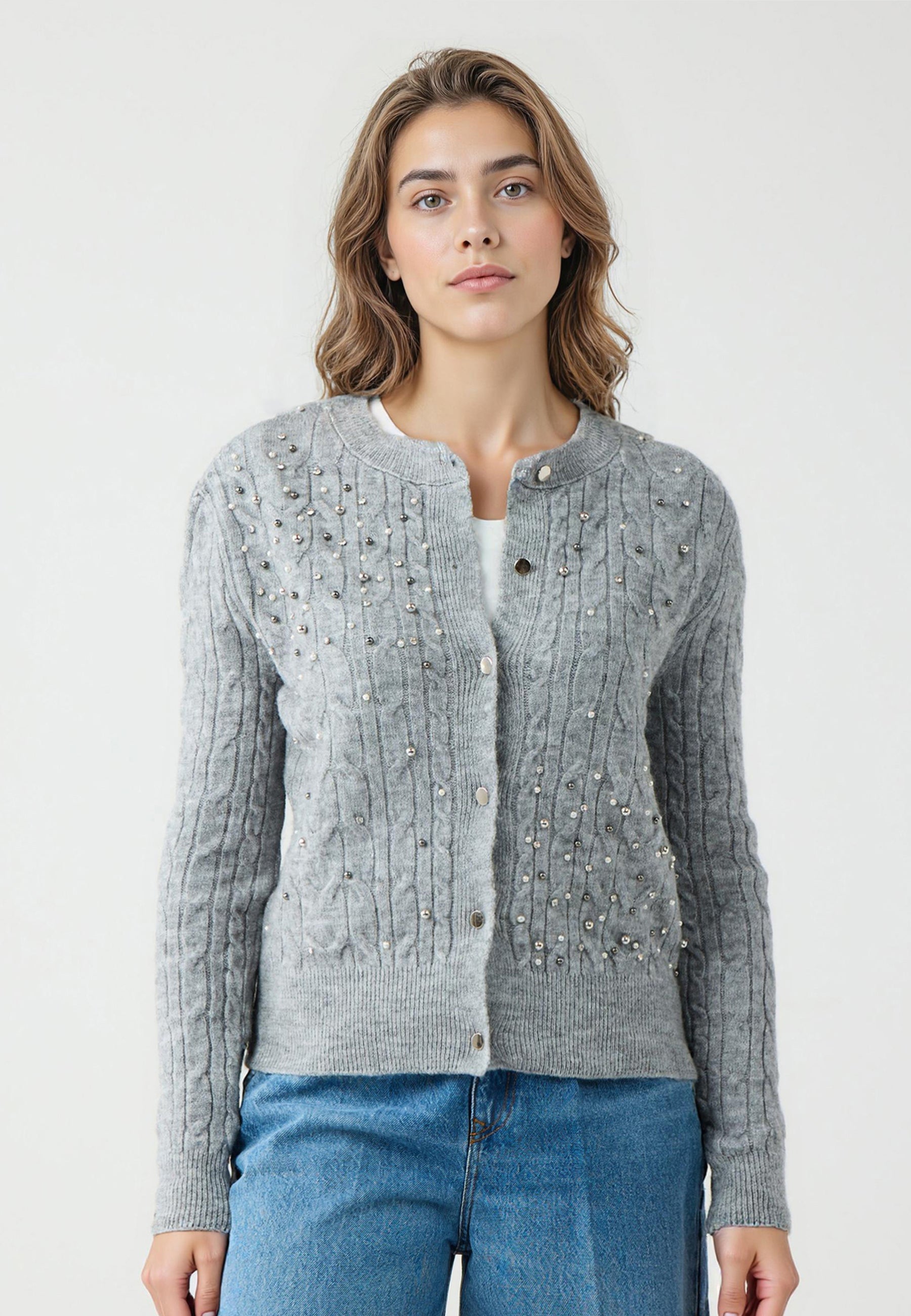 Regular Fit Crew neck Grey Long Sleeve Tricot Cardigan