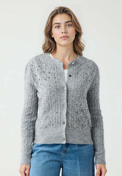 Regular Fit Crew neck Grey Long Sleeve Tricot Cardigan