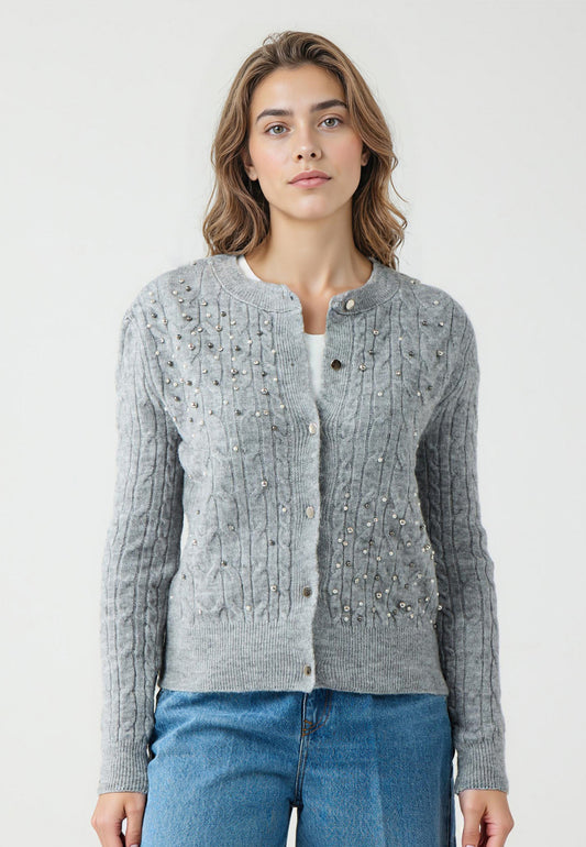 Regular Fit Crew neck Grey Long Sleeve Tricot Cardigan
