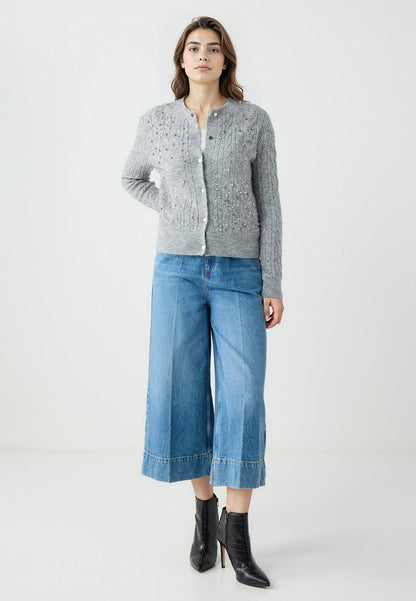 Regular Fit Crew neck Grey Long Sleeve Tricot Cardigan