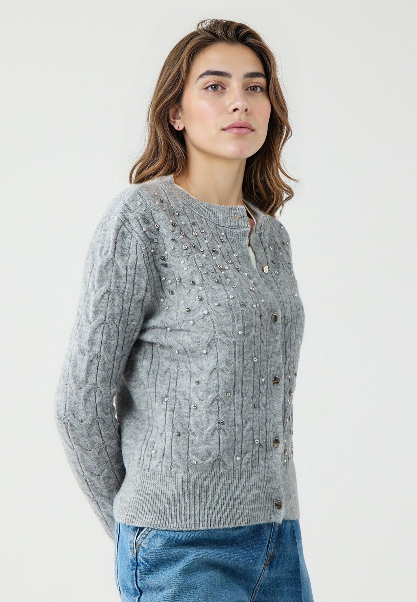 Regular Fit Crew neck Grey Long Sleeve Tricot Cardigan