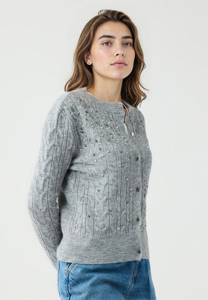 Regular Fit Crew neck Grey Long Sleeve Tricot Cardigan