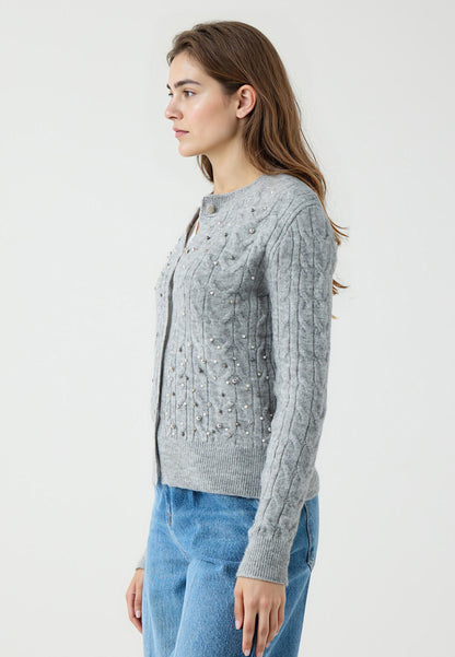 Regular Fit Crew neck Grey Long Sleeve Tricot Cardigan