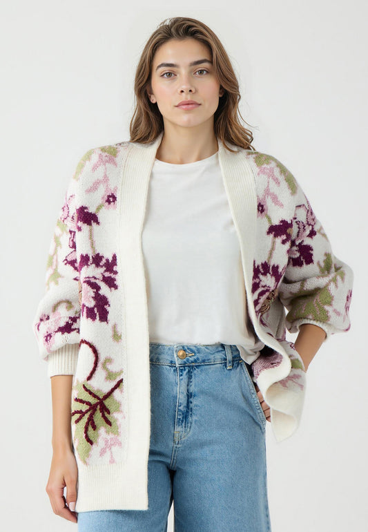 Loose fit Ecru Long Sleeve Tricot Cardigan