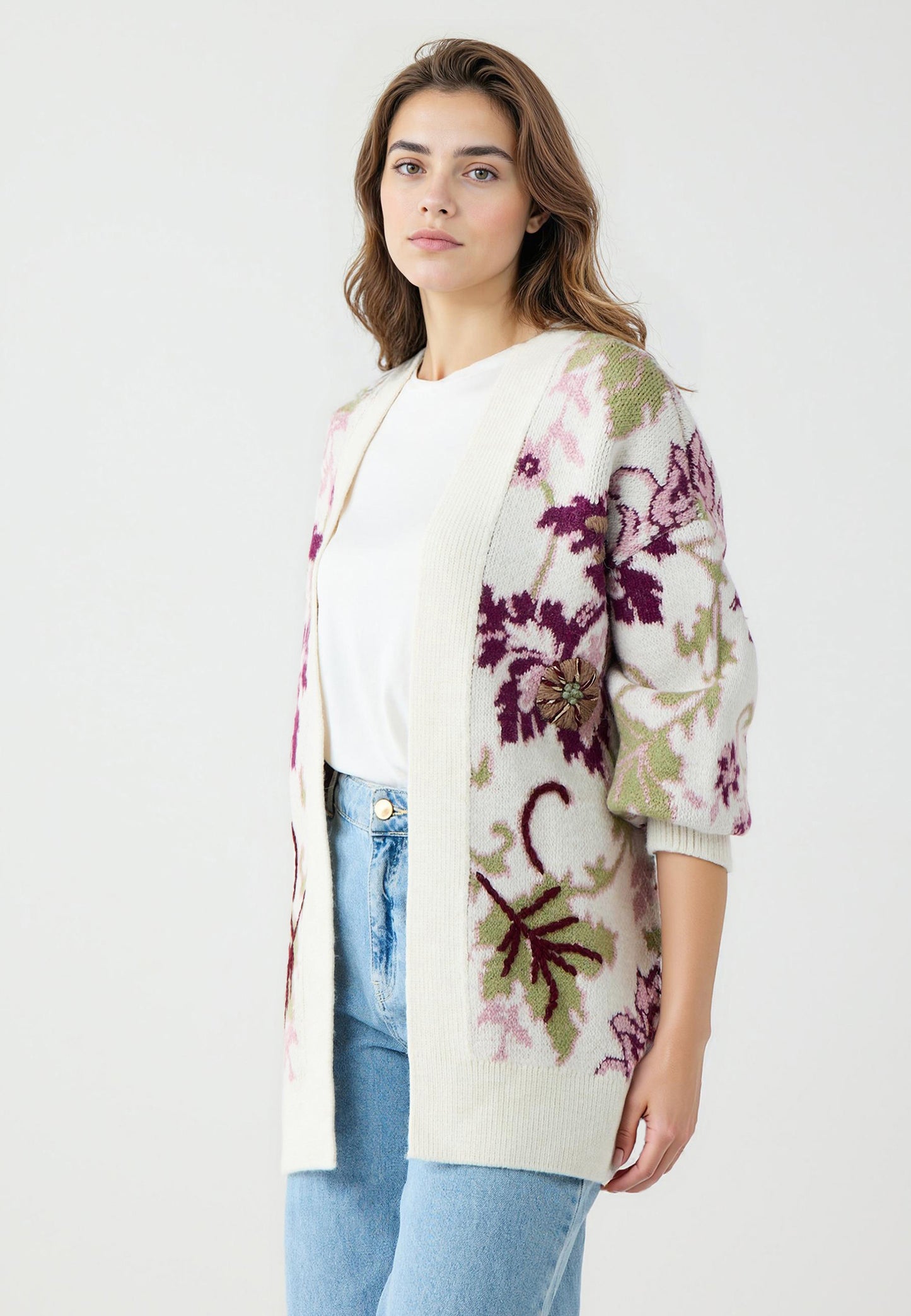 Loose fit Ecru Long Sleeve Tricot Cardigan