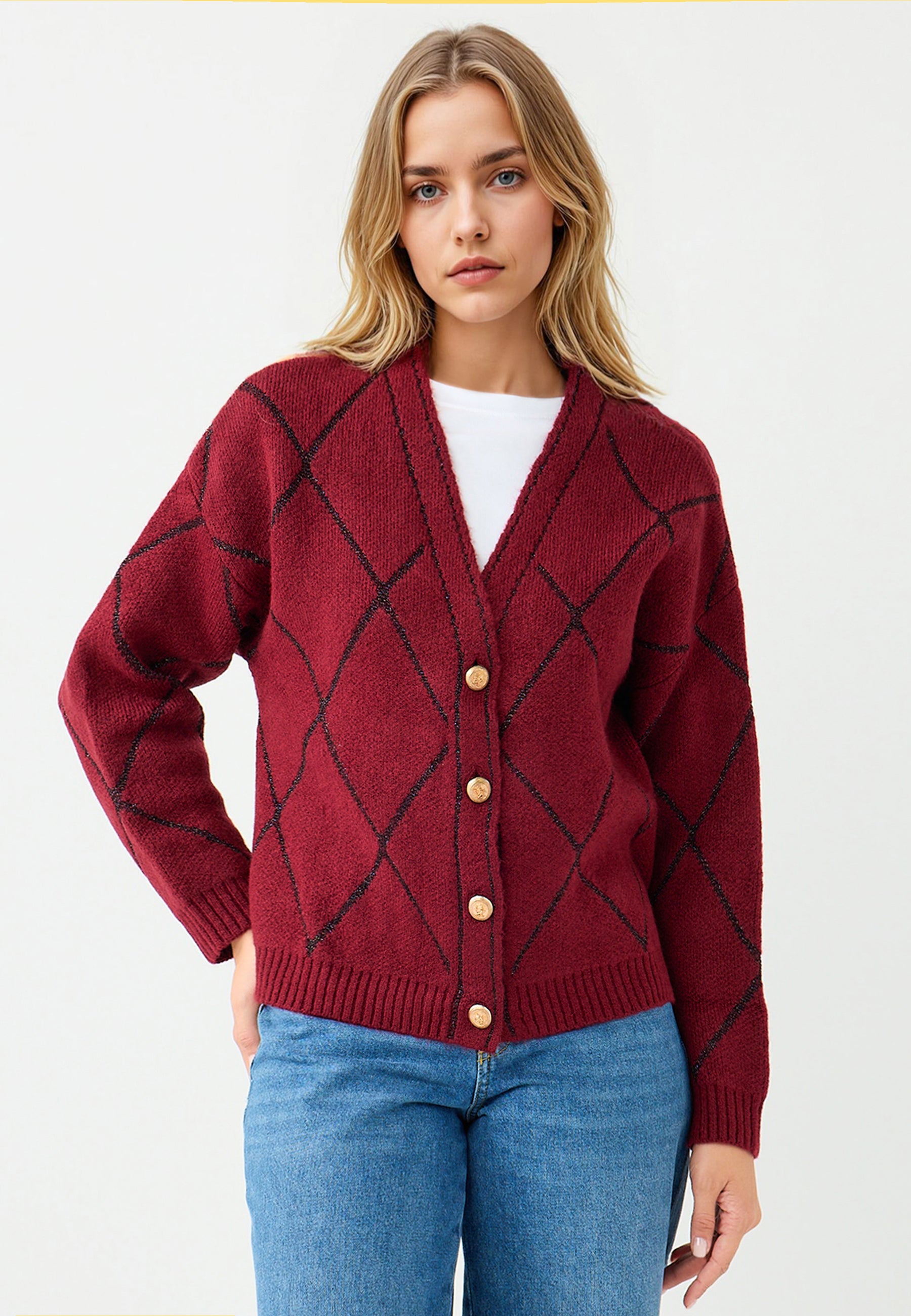 Regular Fit V-neck Tricot Burgundy Cardigan