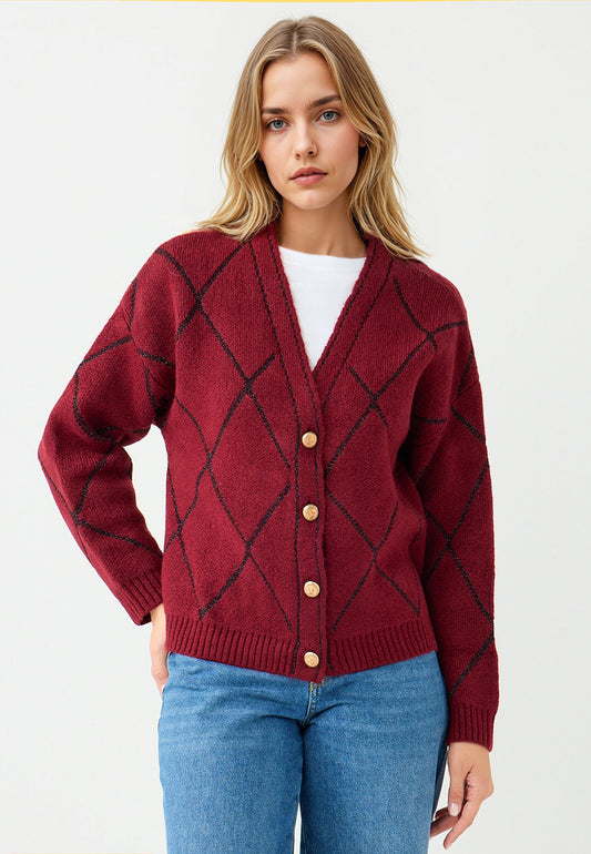 Regular Fit V-neck Tricot Burgundy Cardigan