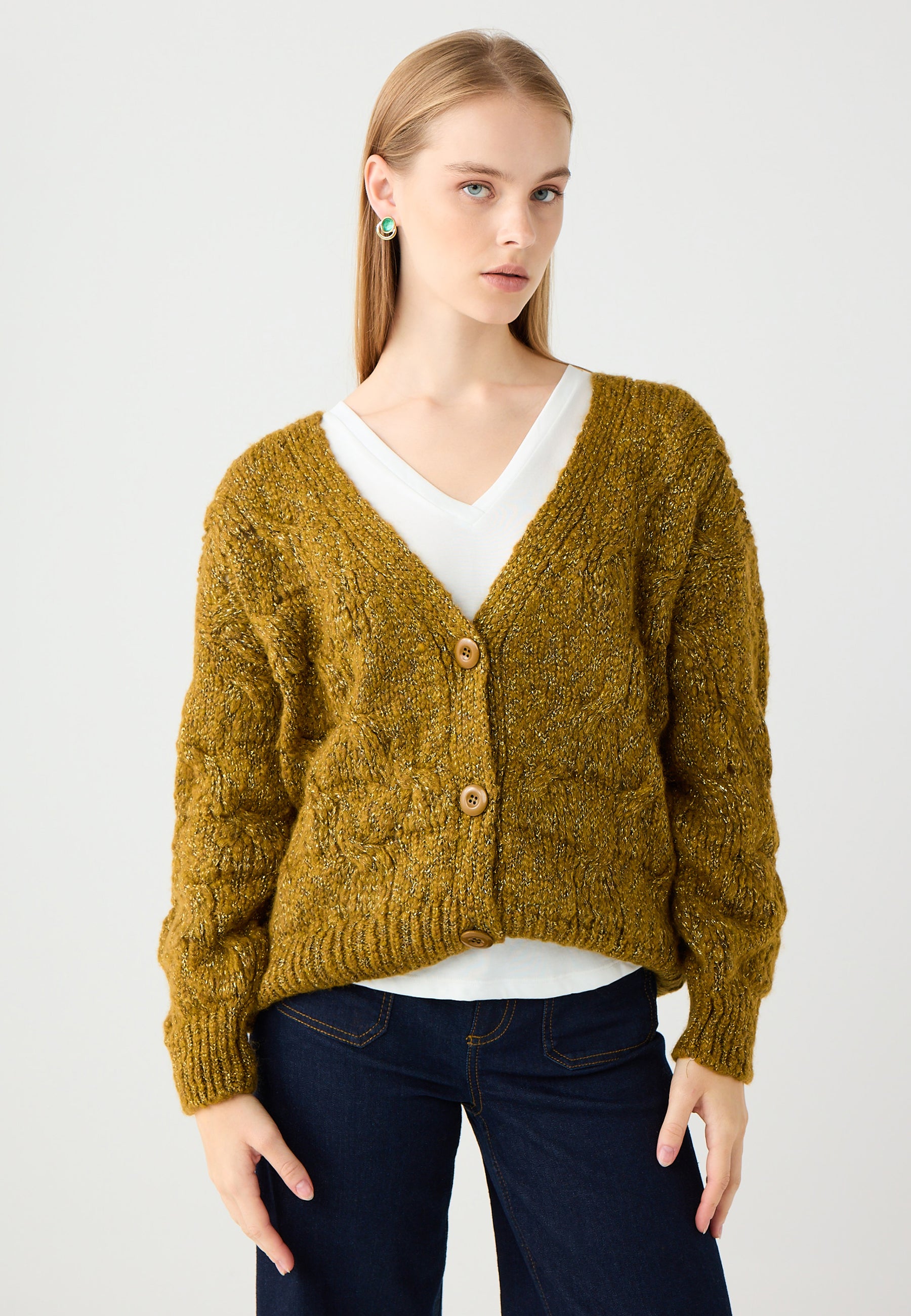 V-Neck Loose Fit Sequined Knit Cardigan