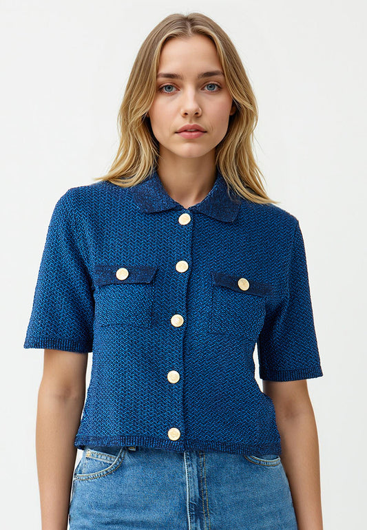 Short Sleeve Shirt Collar Knit Cardigan