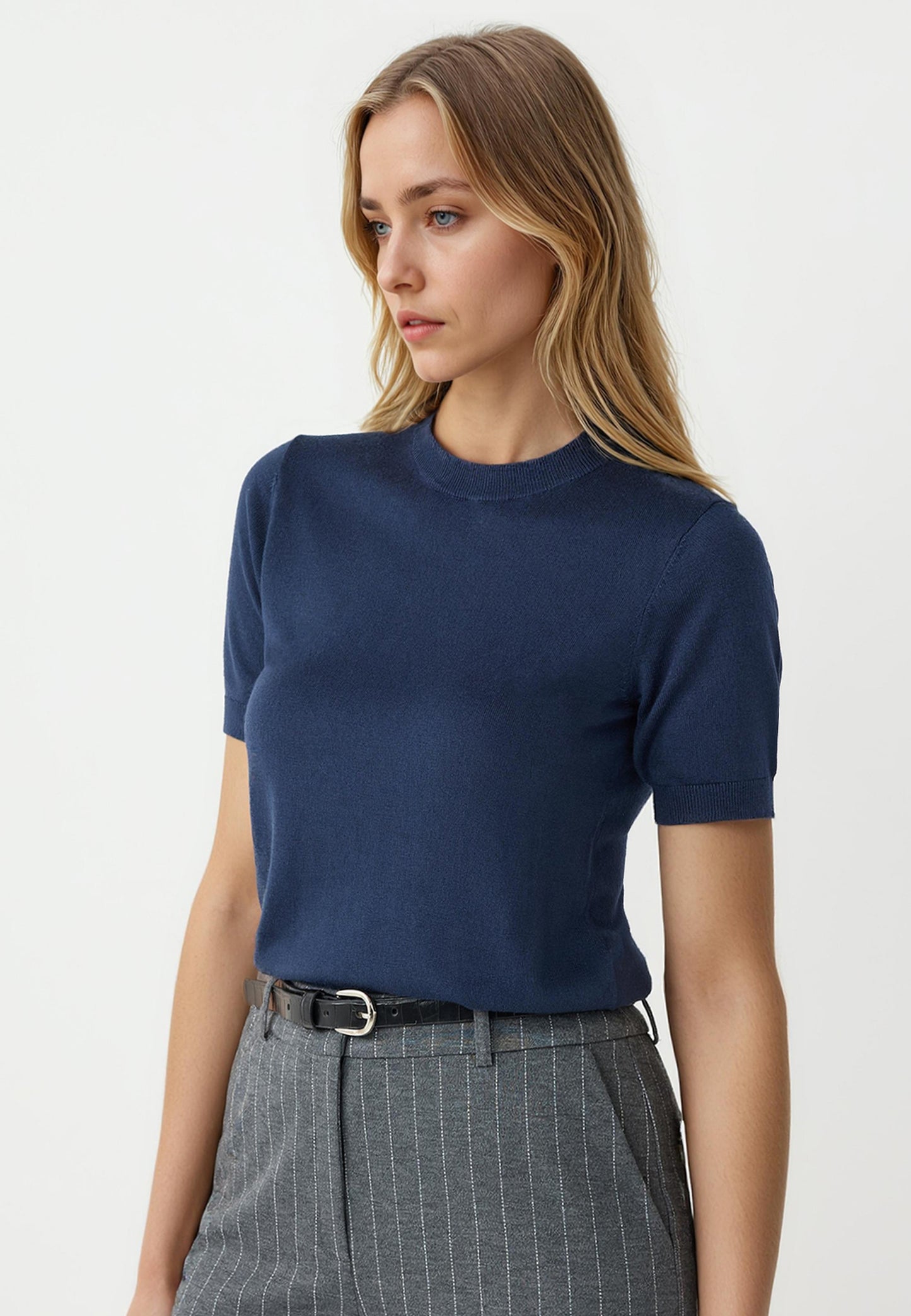 Round Neck Short-Sleeved Wool-Blend Knit Sweater