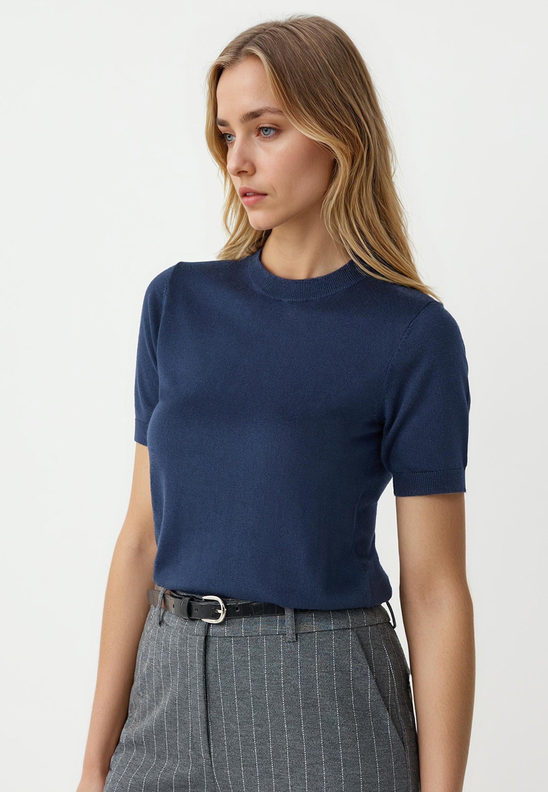 Round Neck Short-Sleeved Wool-Blend Knit Sweater