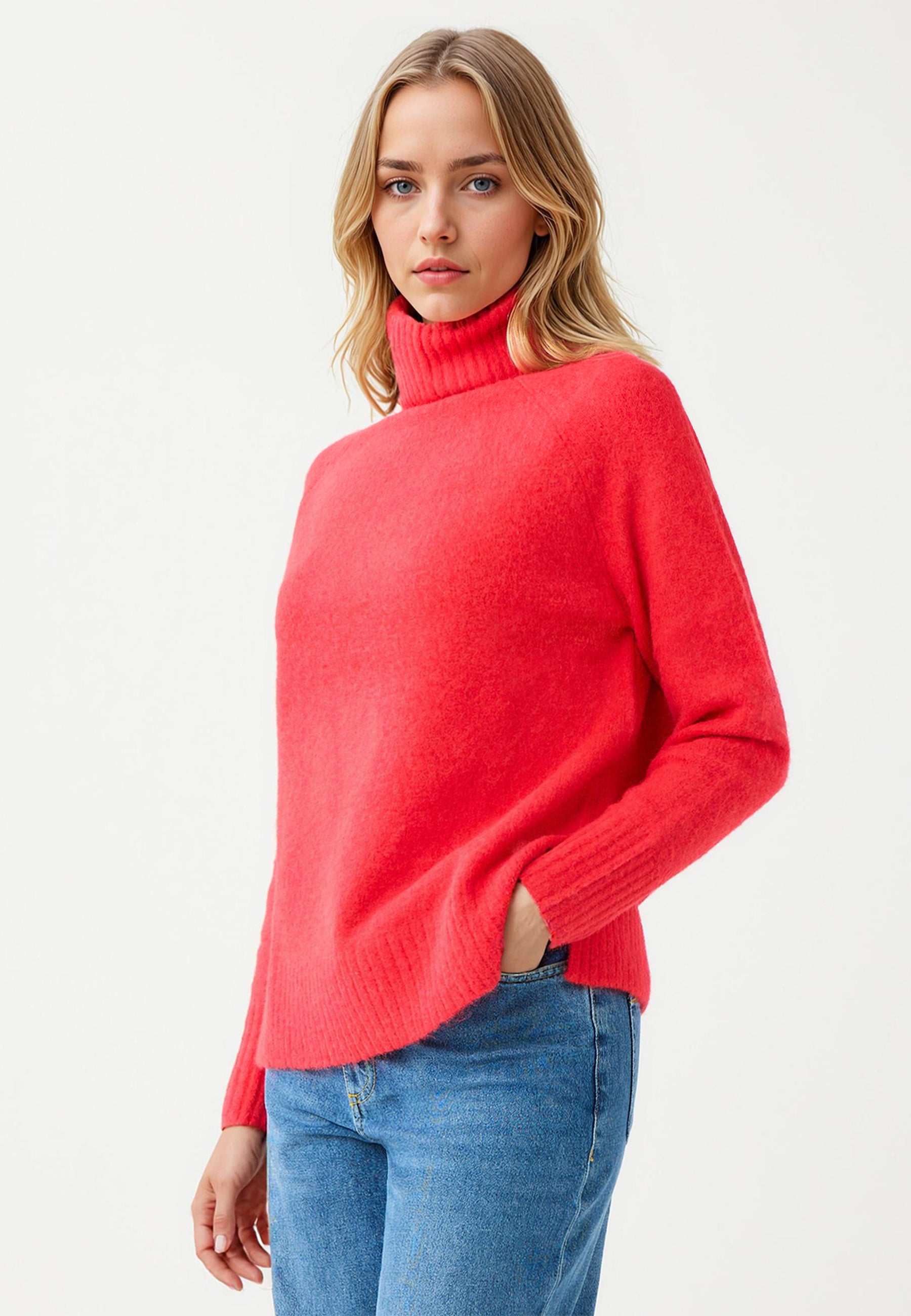 Regular Fit Polo Neck Red Tricot Pullover