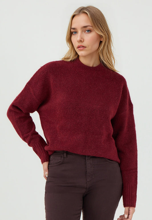 Loose Fit Crew Neck Burgundy Tricot Pullover