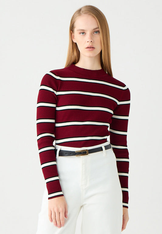 Half Boat Neck Striped Knit Sweater