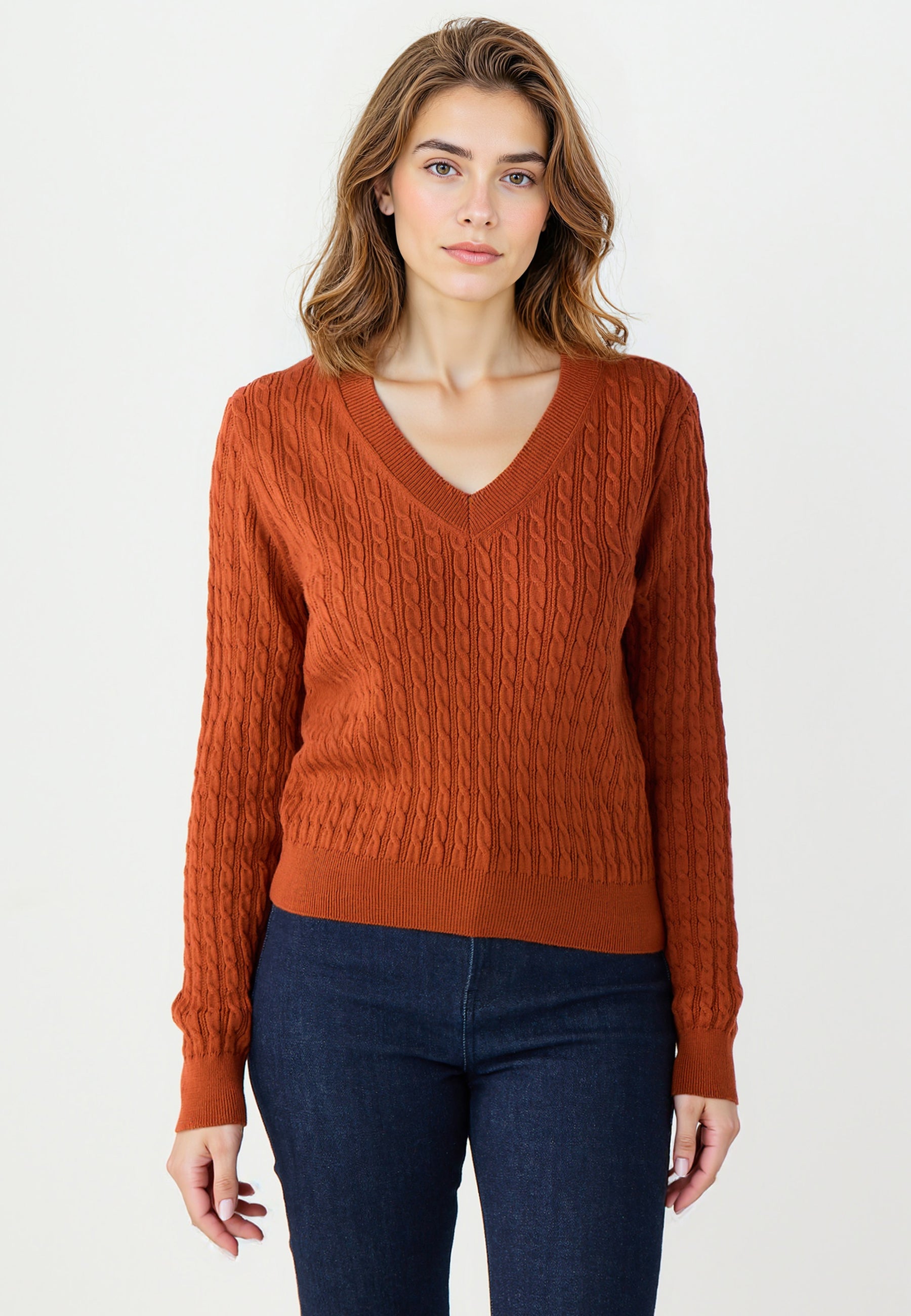 V-Neck Hair Braid Pattern Knit Sweater