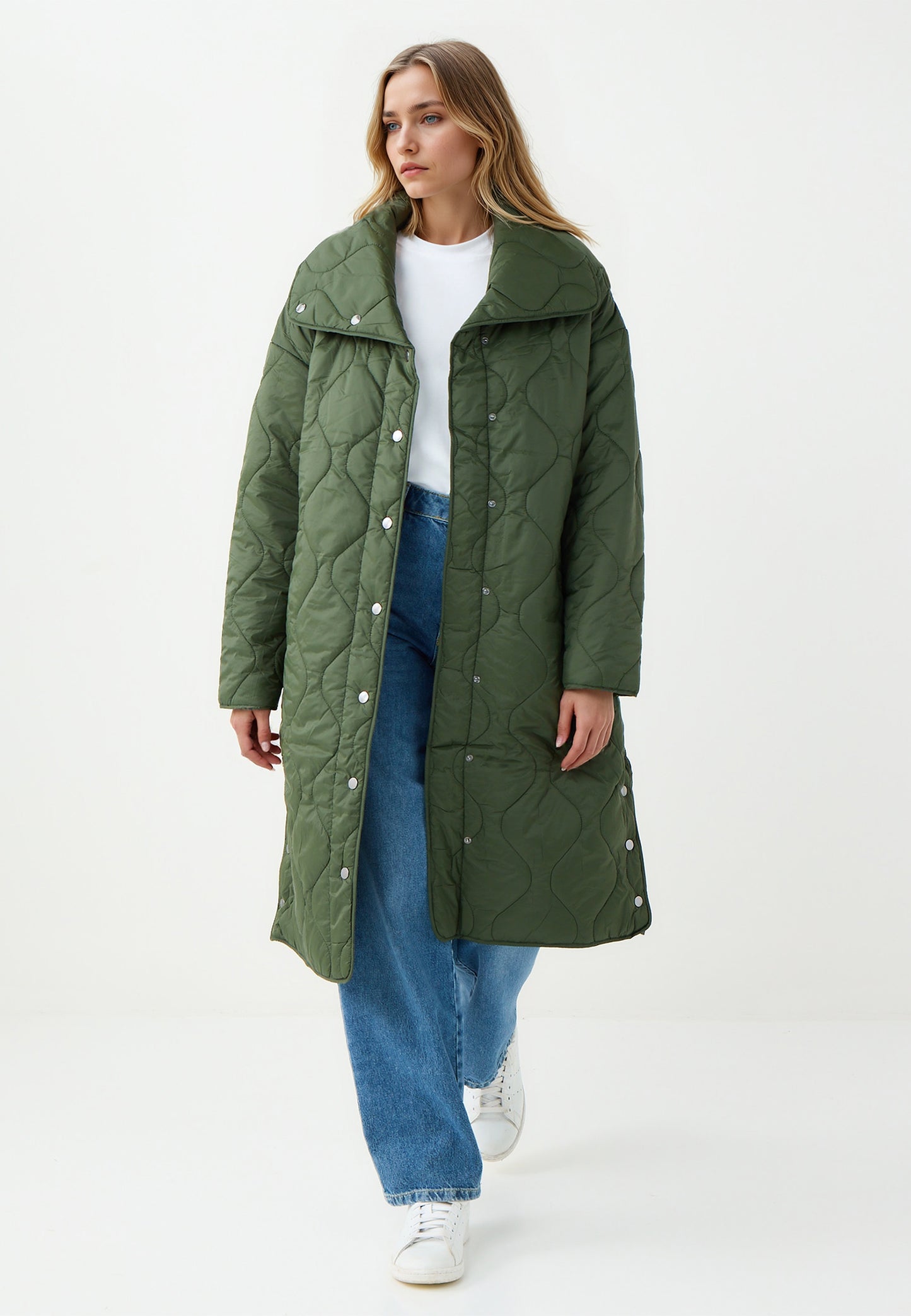 Khaki Woven Puffer Coat