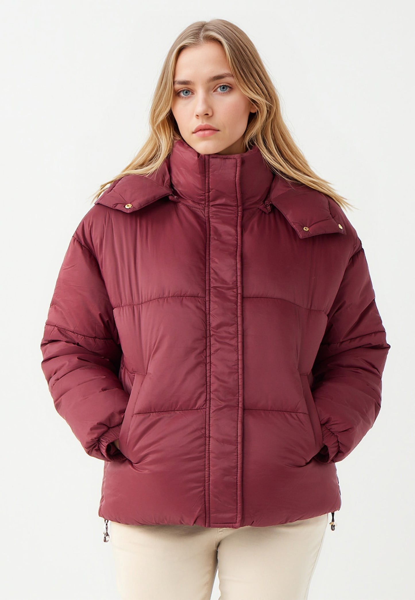 Burgundy Woven Puffer Coat