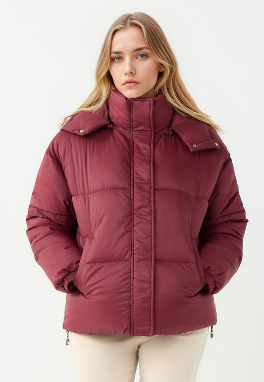 Burgundy Woven Puffer Coat