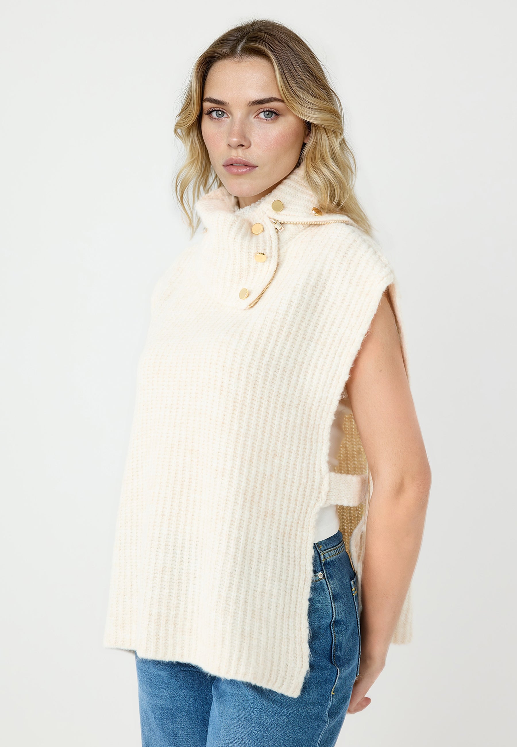 Stand Collar Zipper Detail Knit Sweater