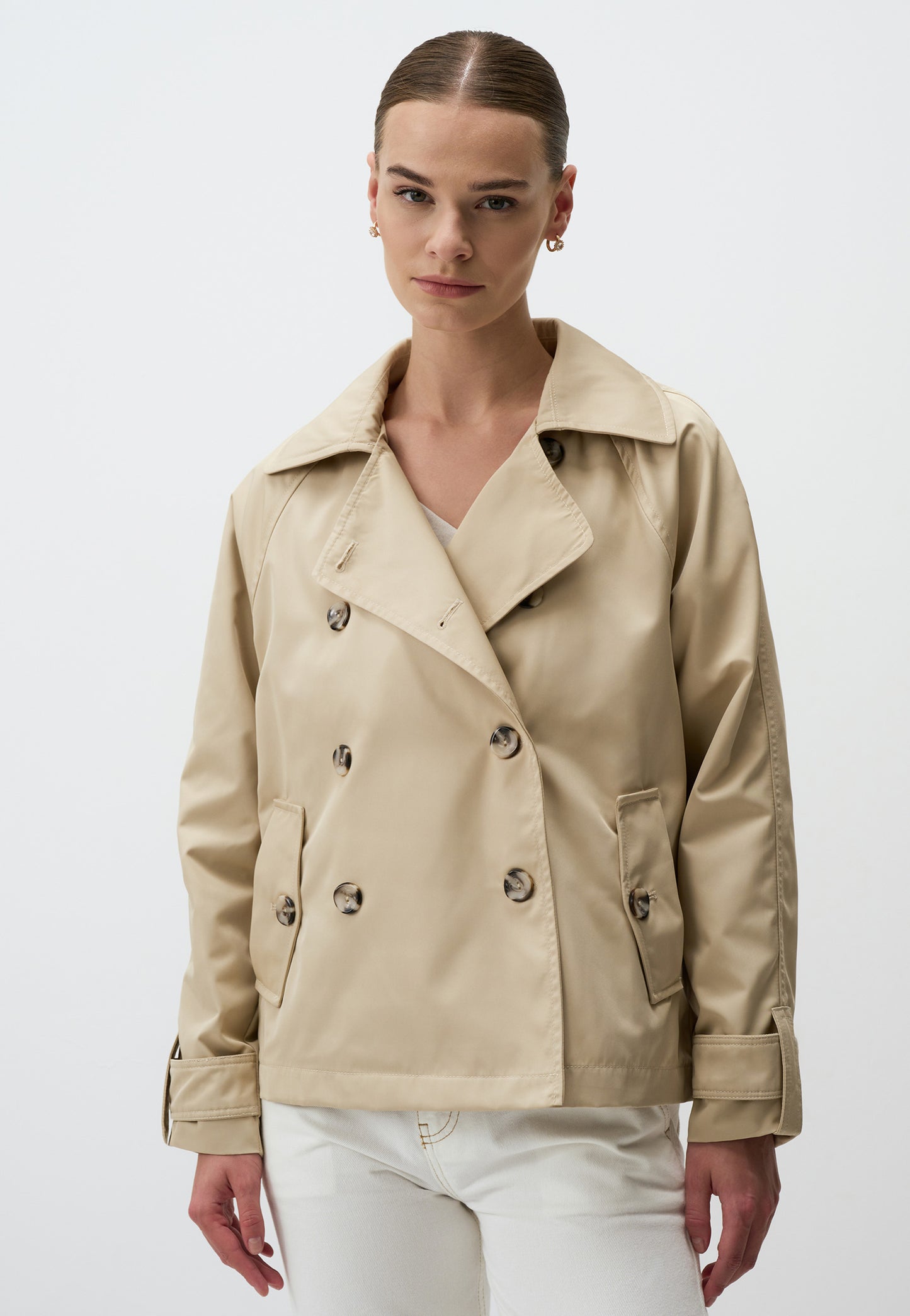 Regular Fit Cache-Coeur Beige Tafetta Trenchcoat