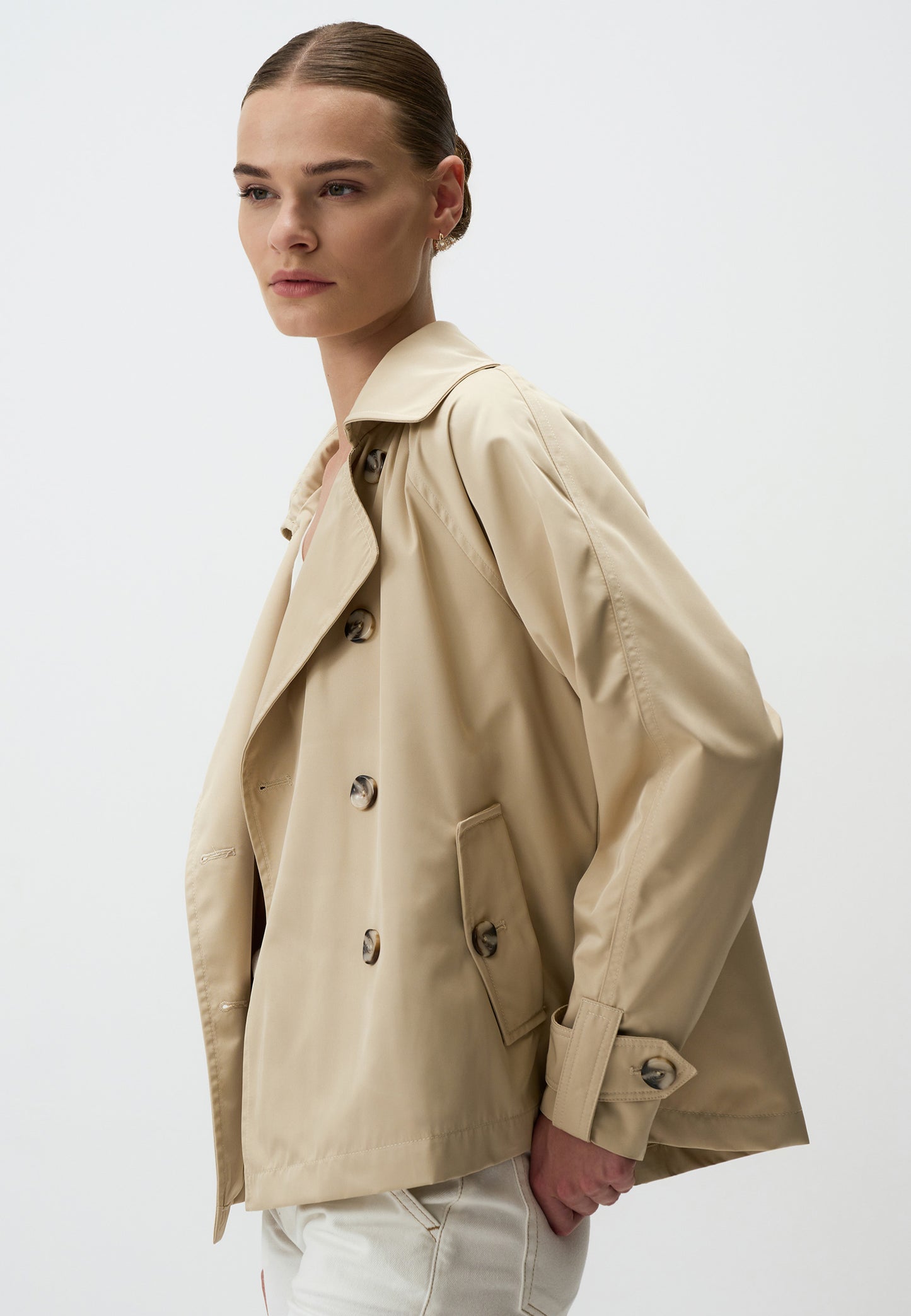 Regular Fit Cache-Coeur Beige Tafetta Trenchcoat