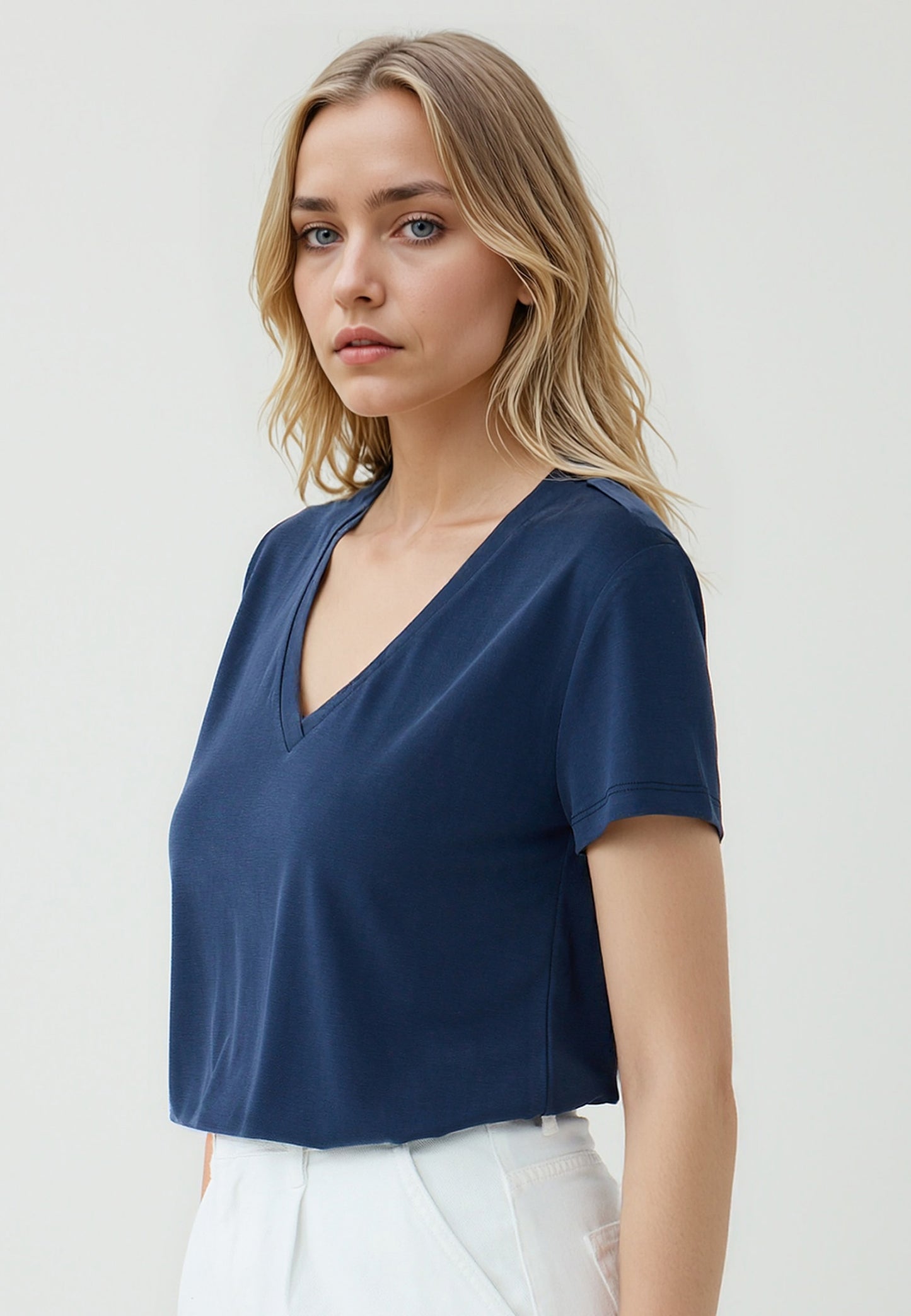 Straight Fit V-Neck Short Sleeved Basic T-Shirt