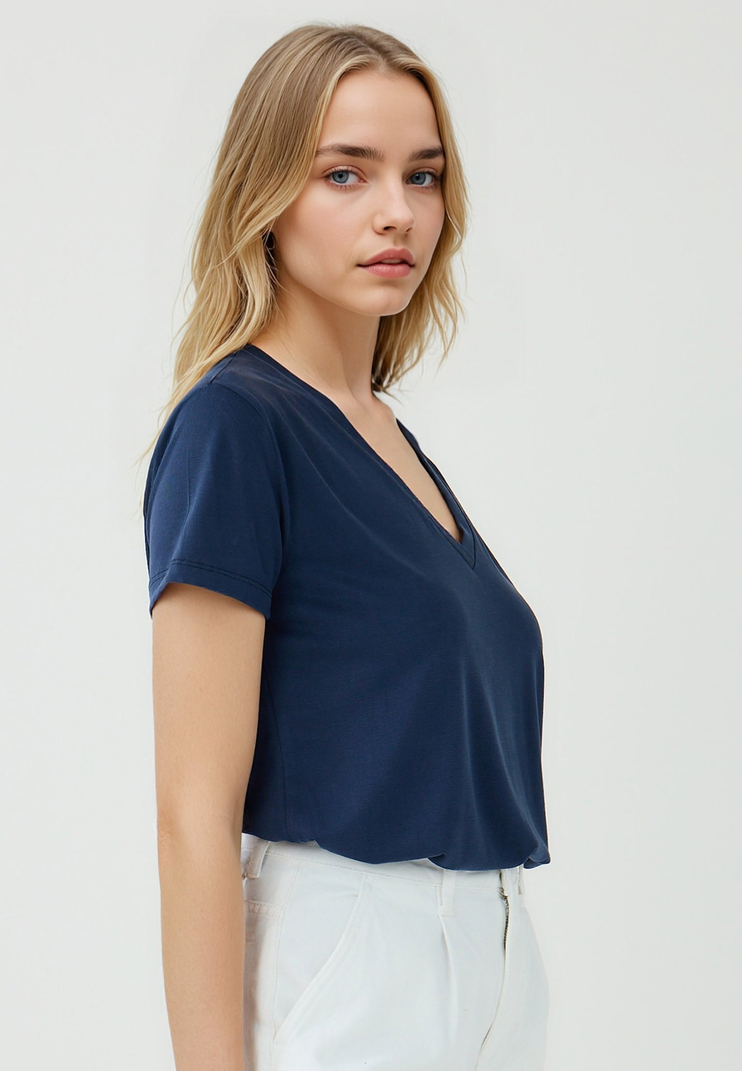 Straight Fit V-Neck Short Sleeved Basic T-Shirt