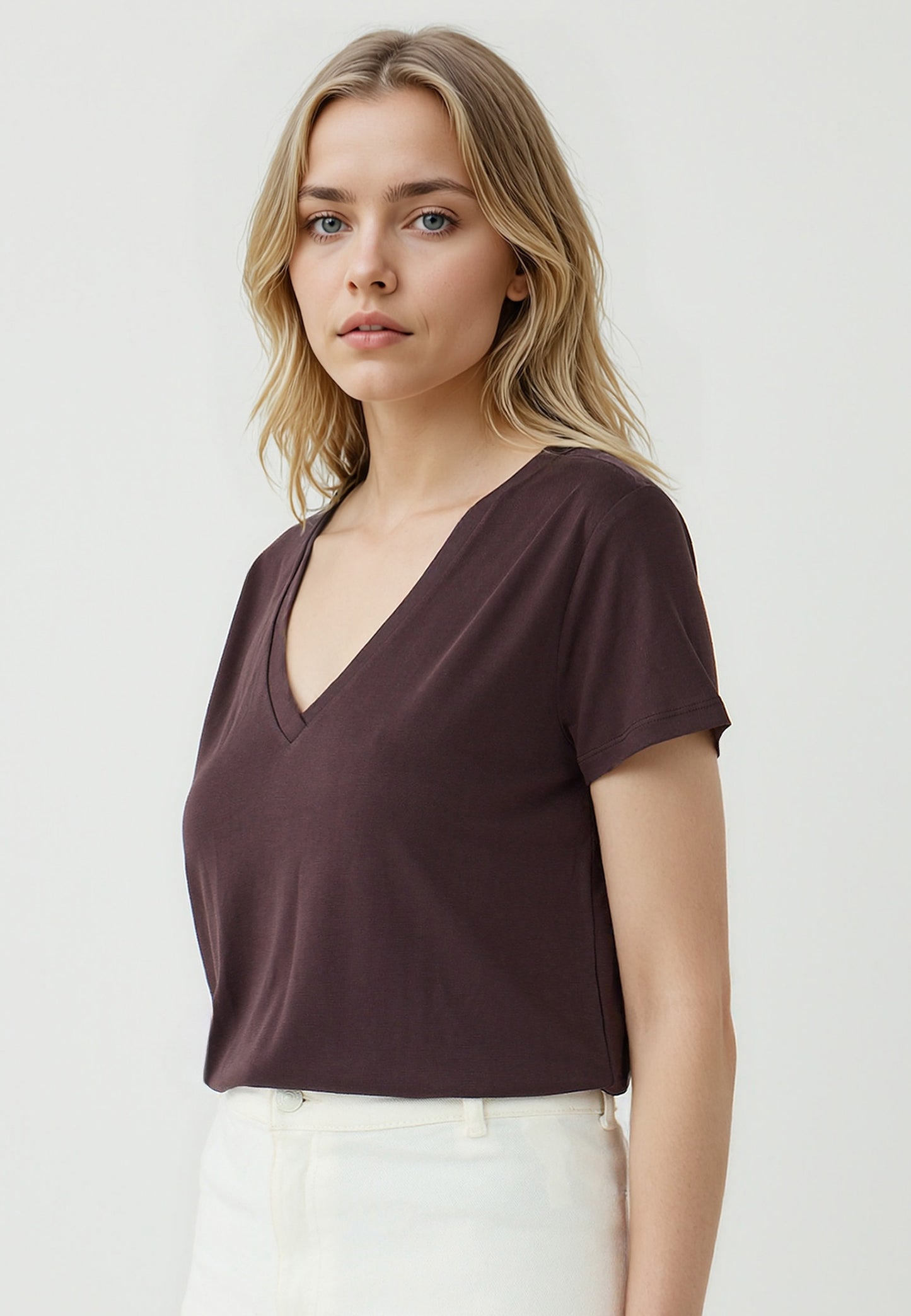 Straight Fit V-Neck Short Sleeved Basic T-Shirt