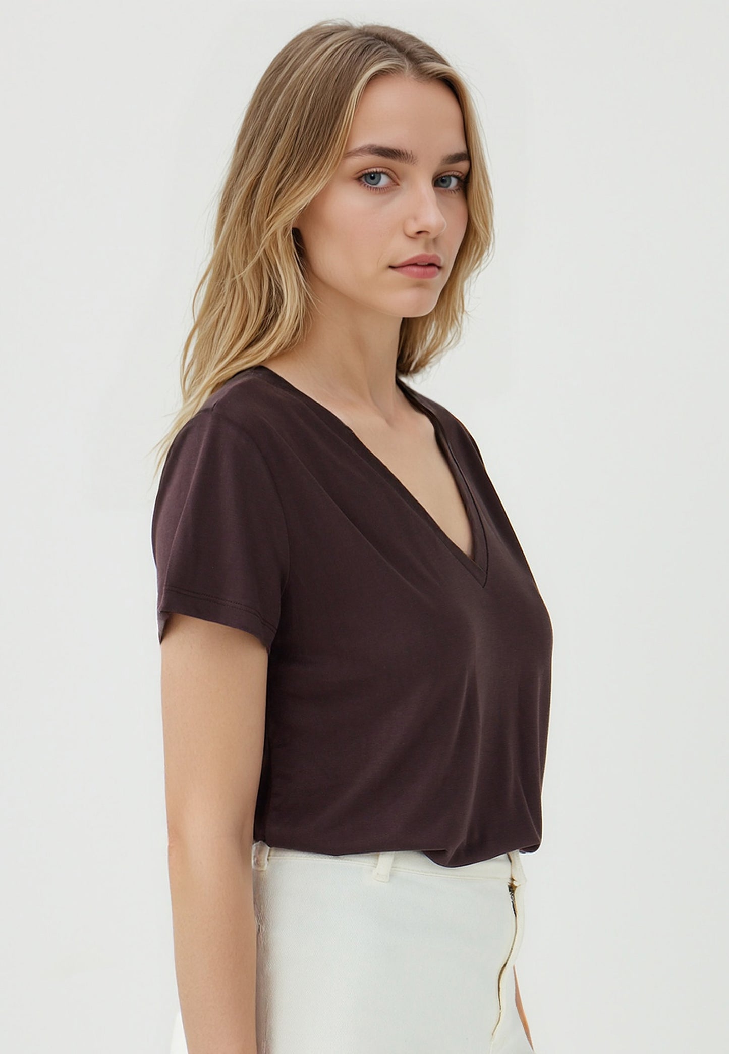Straight Fit V-Neck Short Sleeved Basic T-Shirt