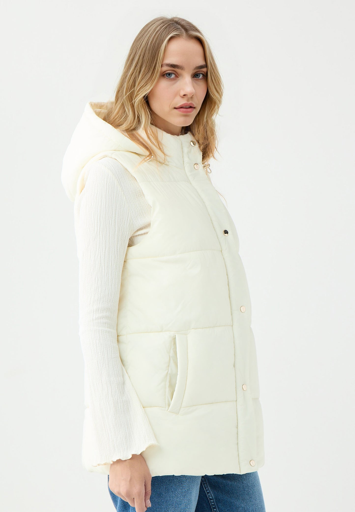 Regular Fit Ecru Tafetta Puffer Vest