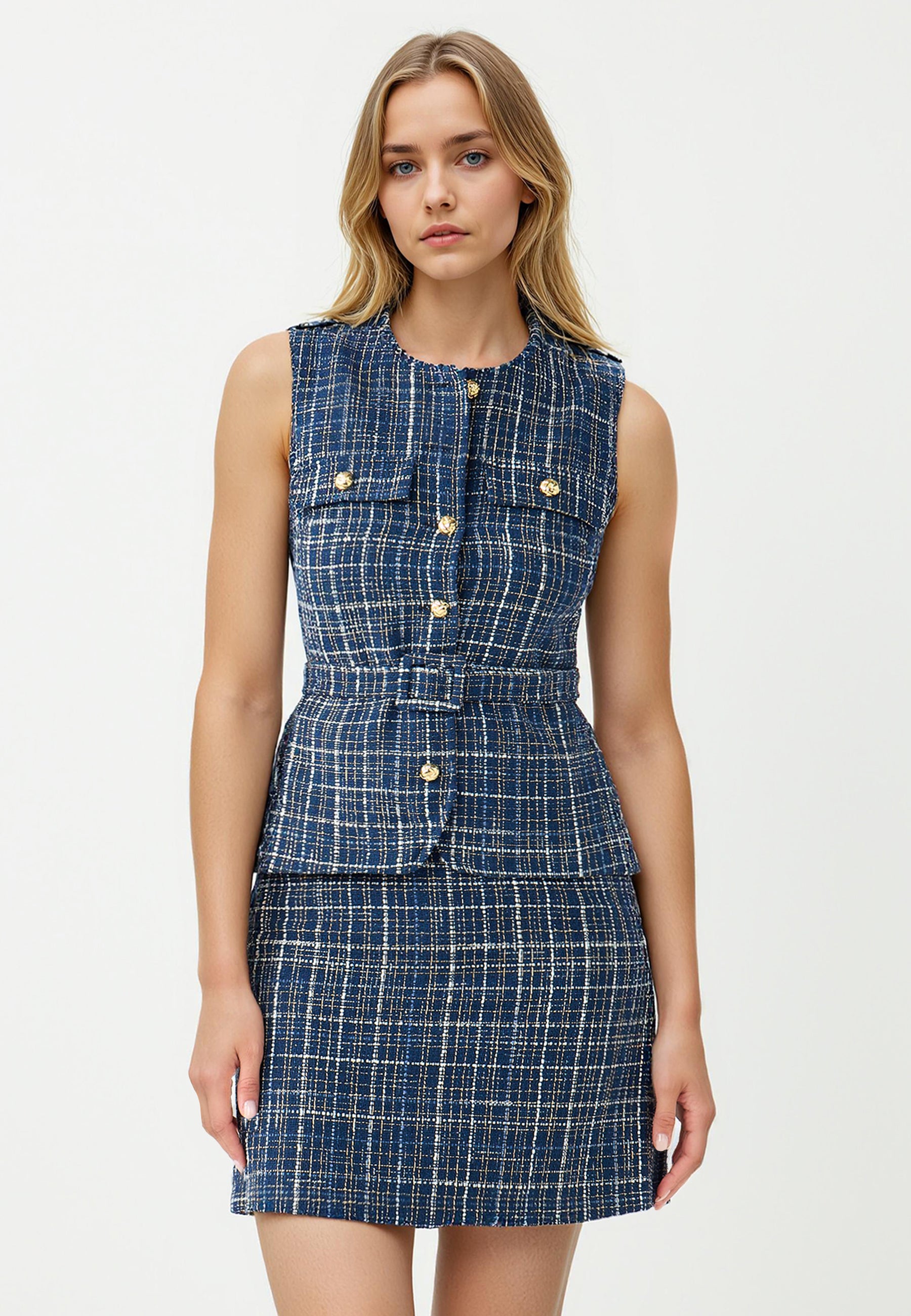 Plaid Patterned Belted Woven Vest