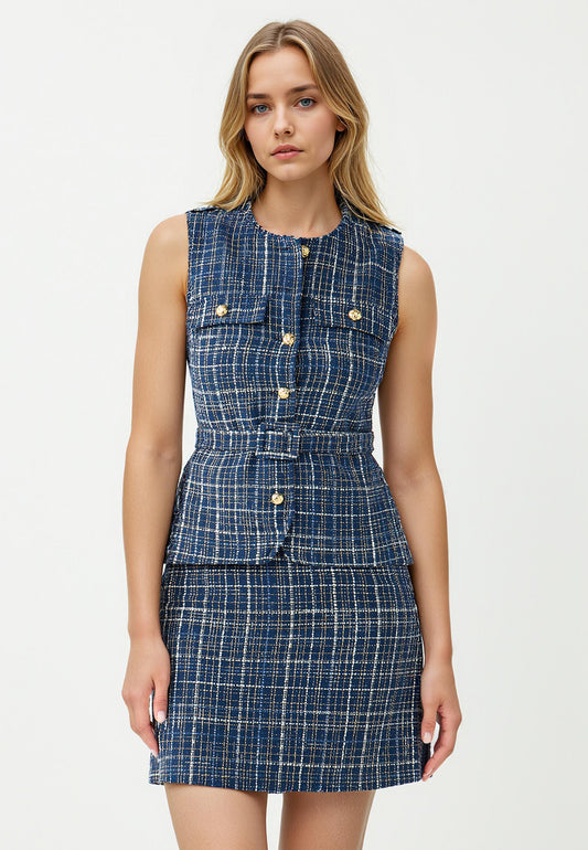 Plaid Patterned Belted Woven Vest