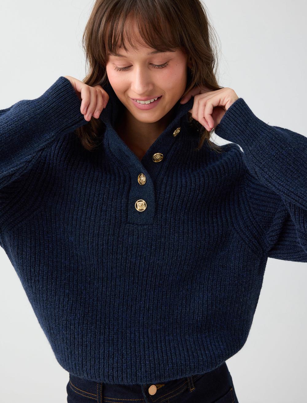 Loose Fit Polo Neck Pullover - Dark Blue - 6WW137936494