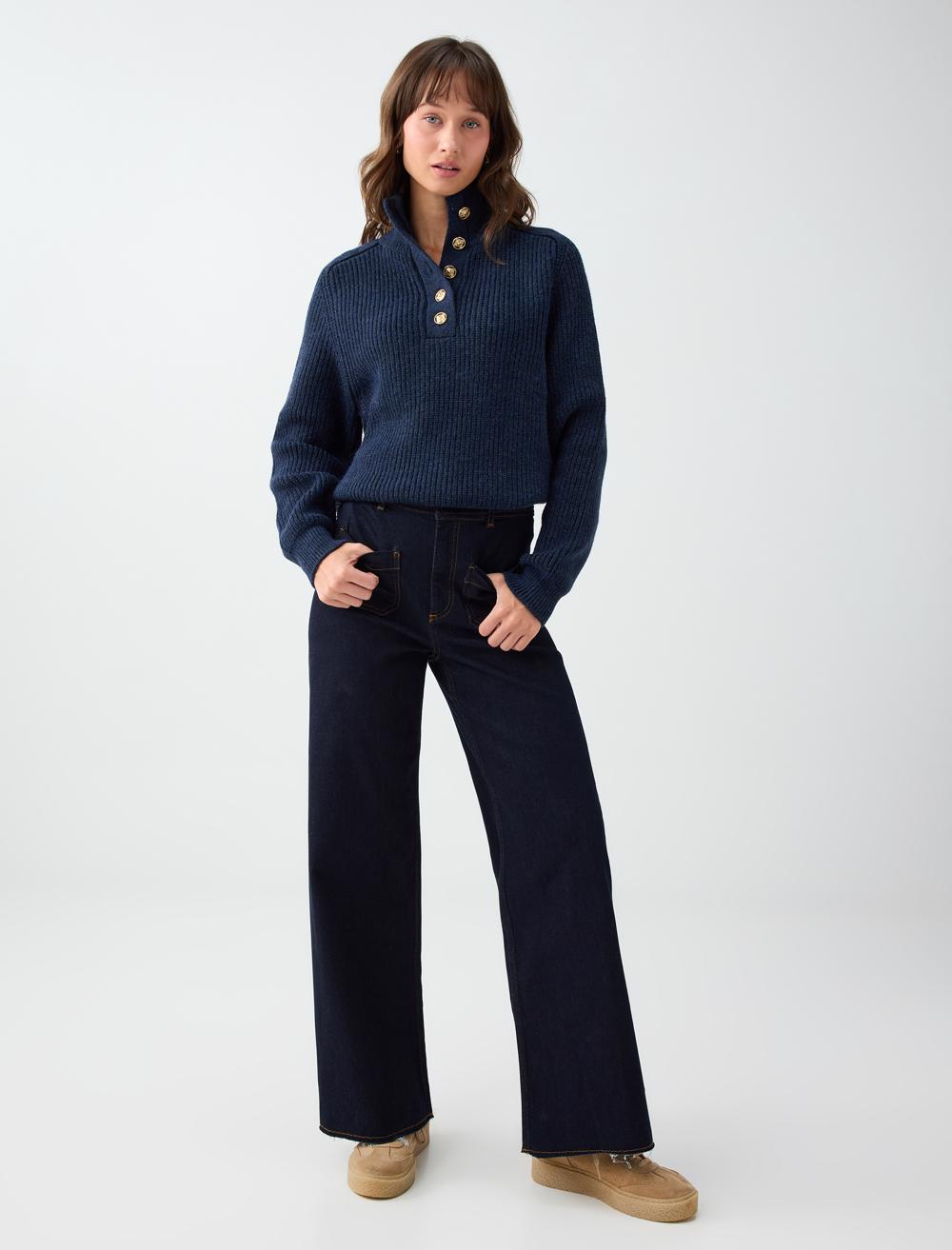 Loose Fit Polo Neck Pullover - Dark Blue