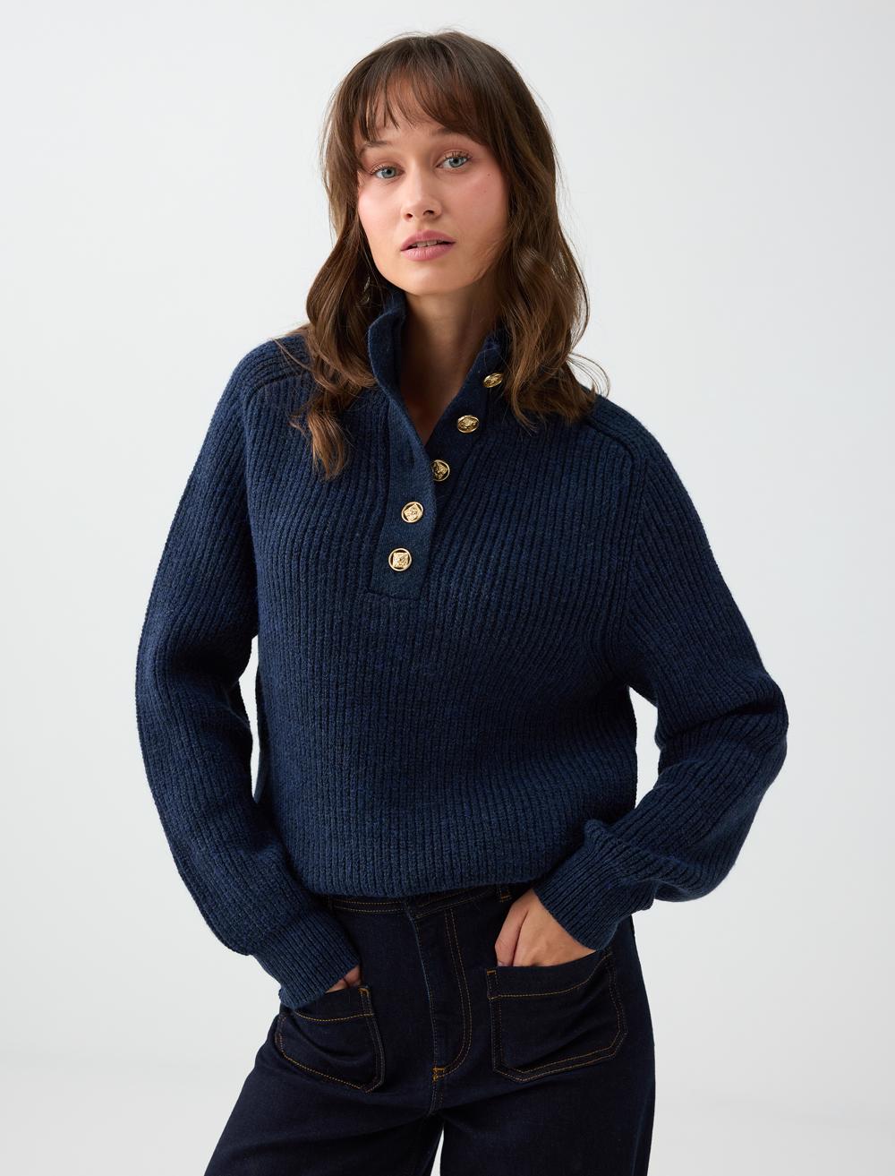 Loose Fit Polo Neck Pullover - Dark Blue