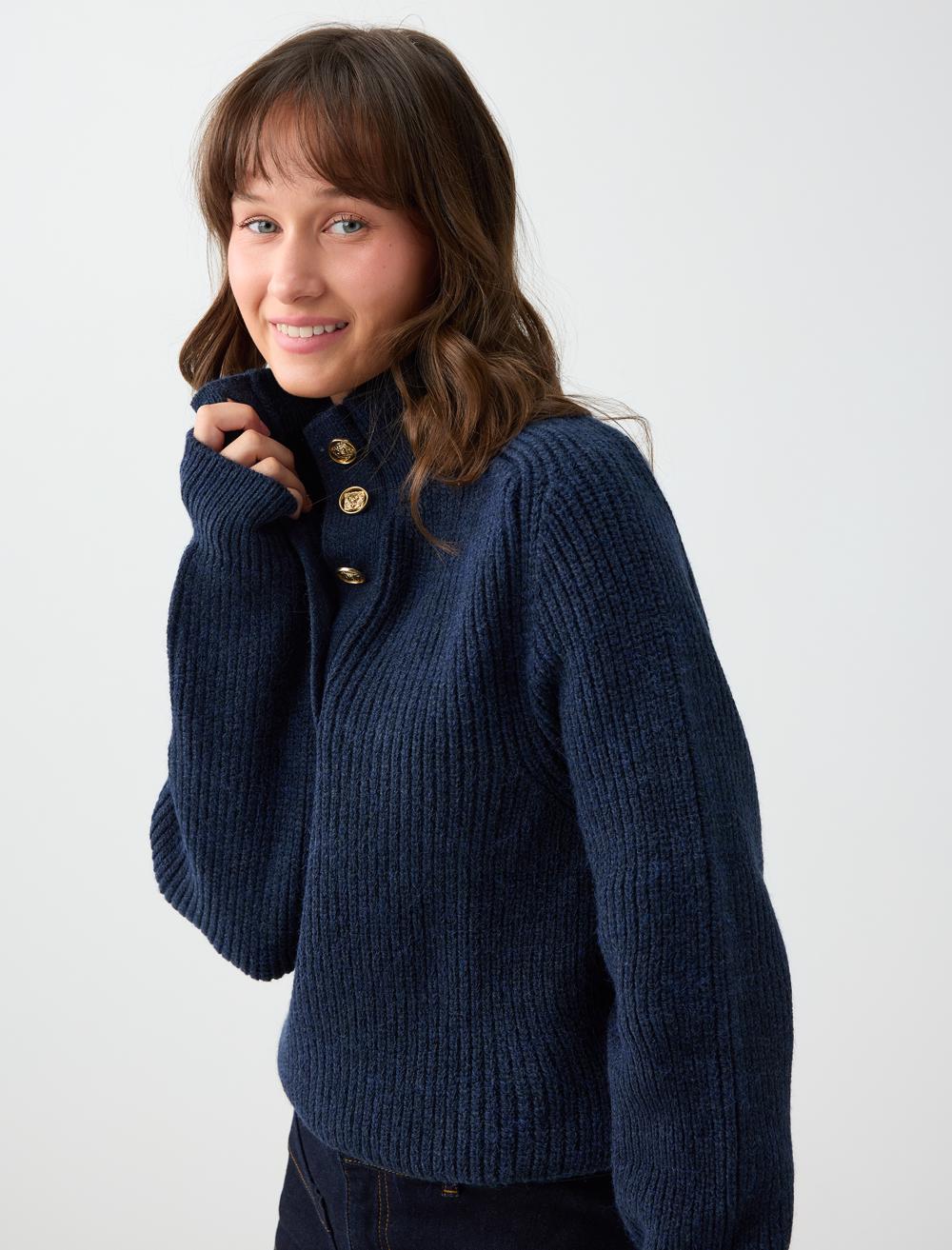 Loose Fit Polo Neck Pullover - Dark Blue