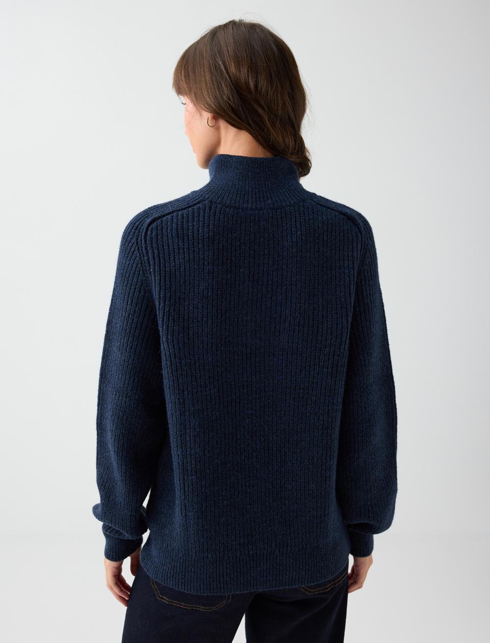 Loose Fit Polo Neck Pullover - Dark Blue