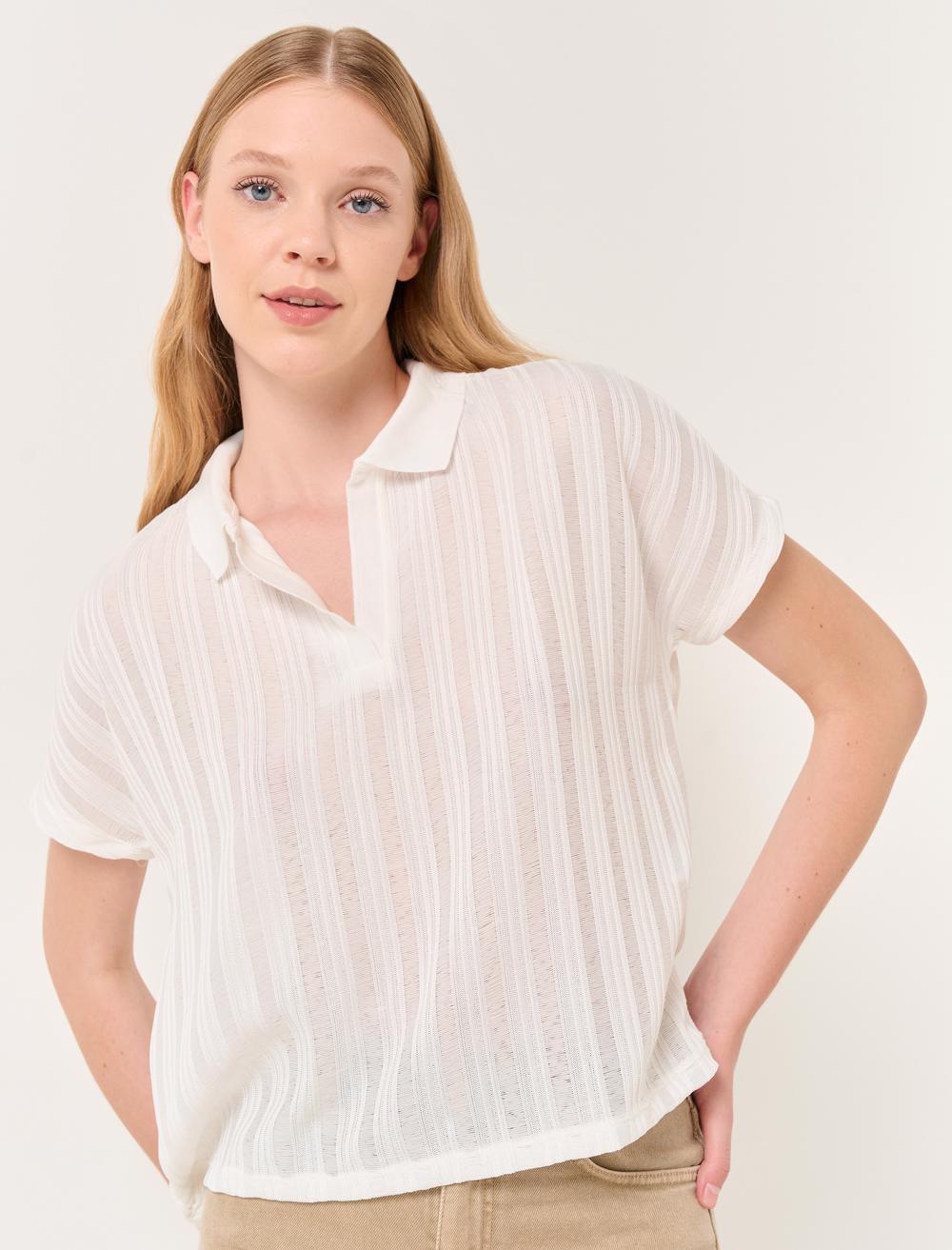 Open Neck Short Sleeve Knitted T-Shirt - 23STHAMARAV2