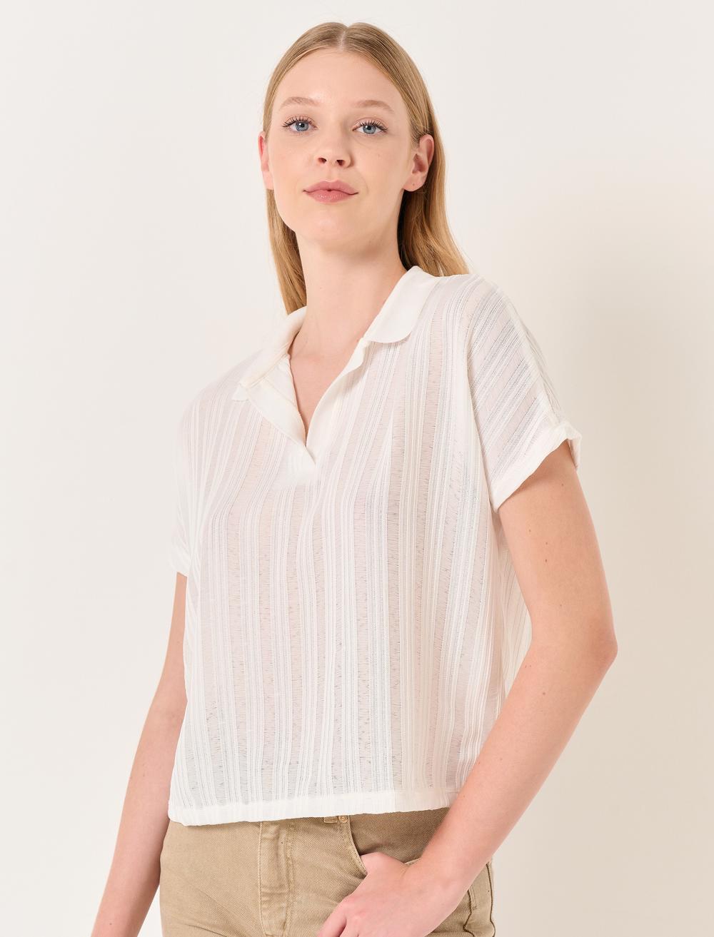 Open Neck Short Sleeve Knitted T-Shirt - 23STHAMARAV2
