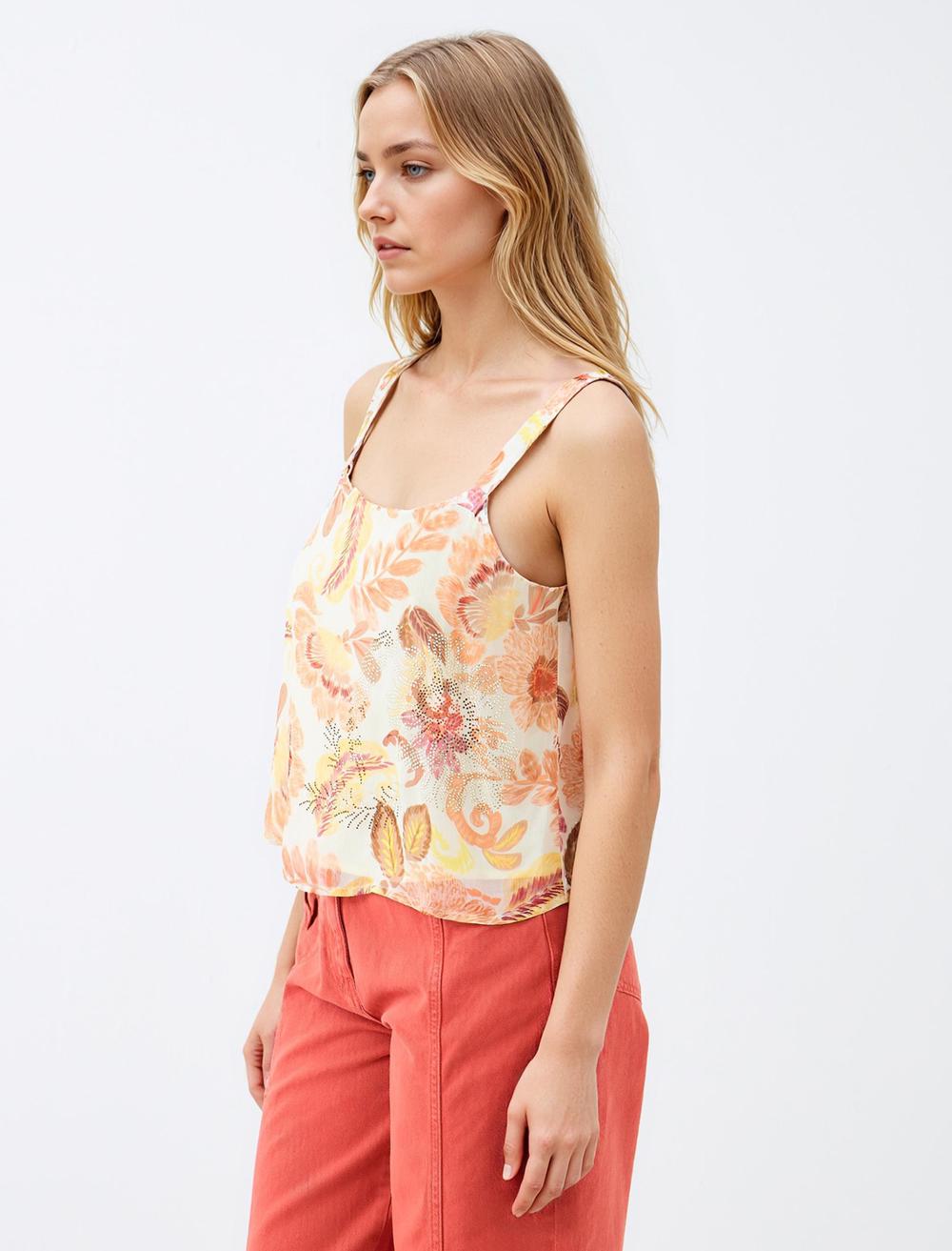Square Neck Spaghetti Straps-Sleeve Blouse - Yellow - 5SW034286200