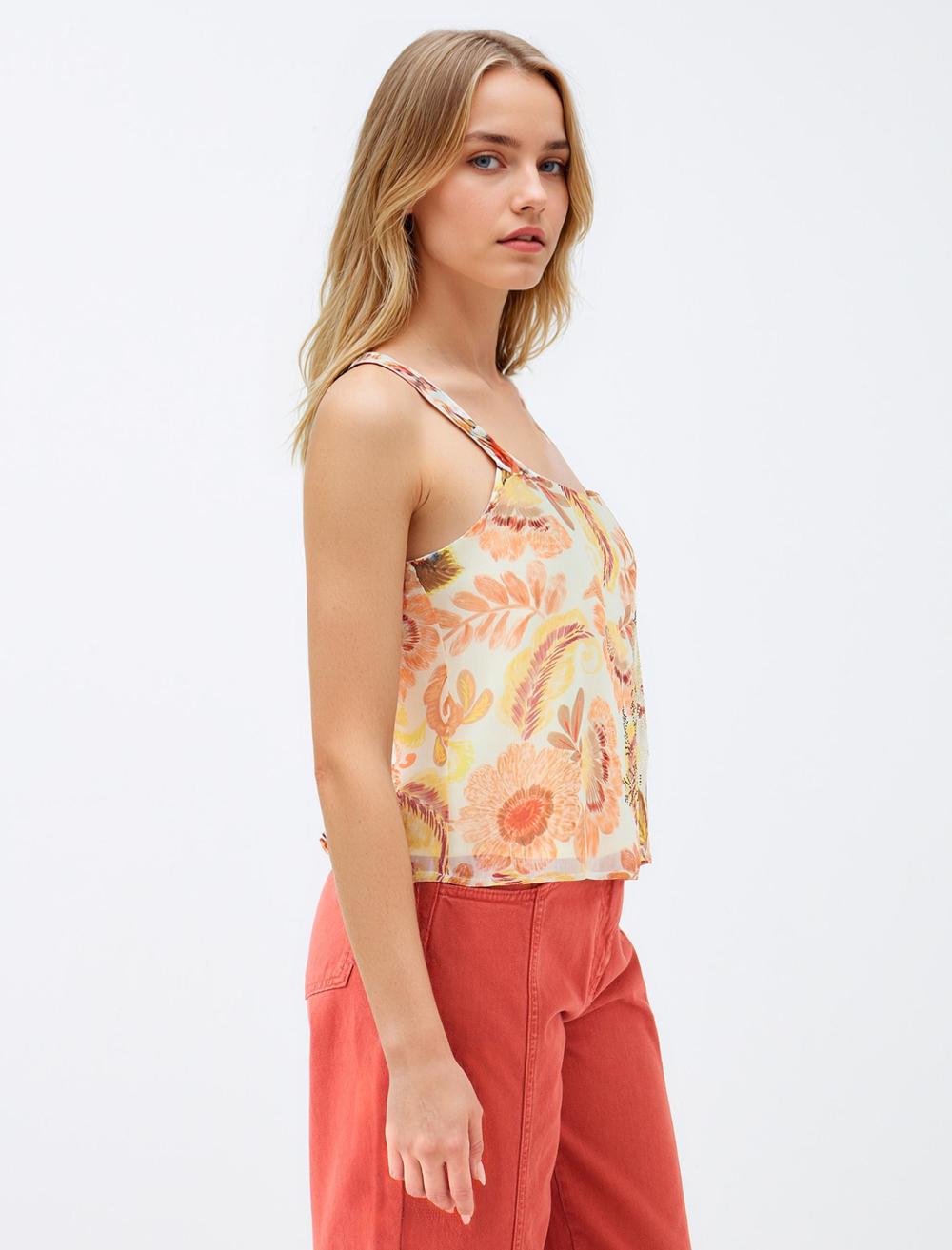 Square Neck Spaghetti Straps-Sleeve Blouse - Yellow - 5SW034286200