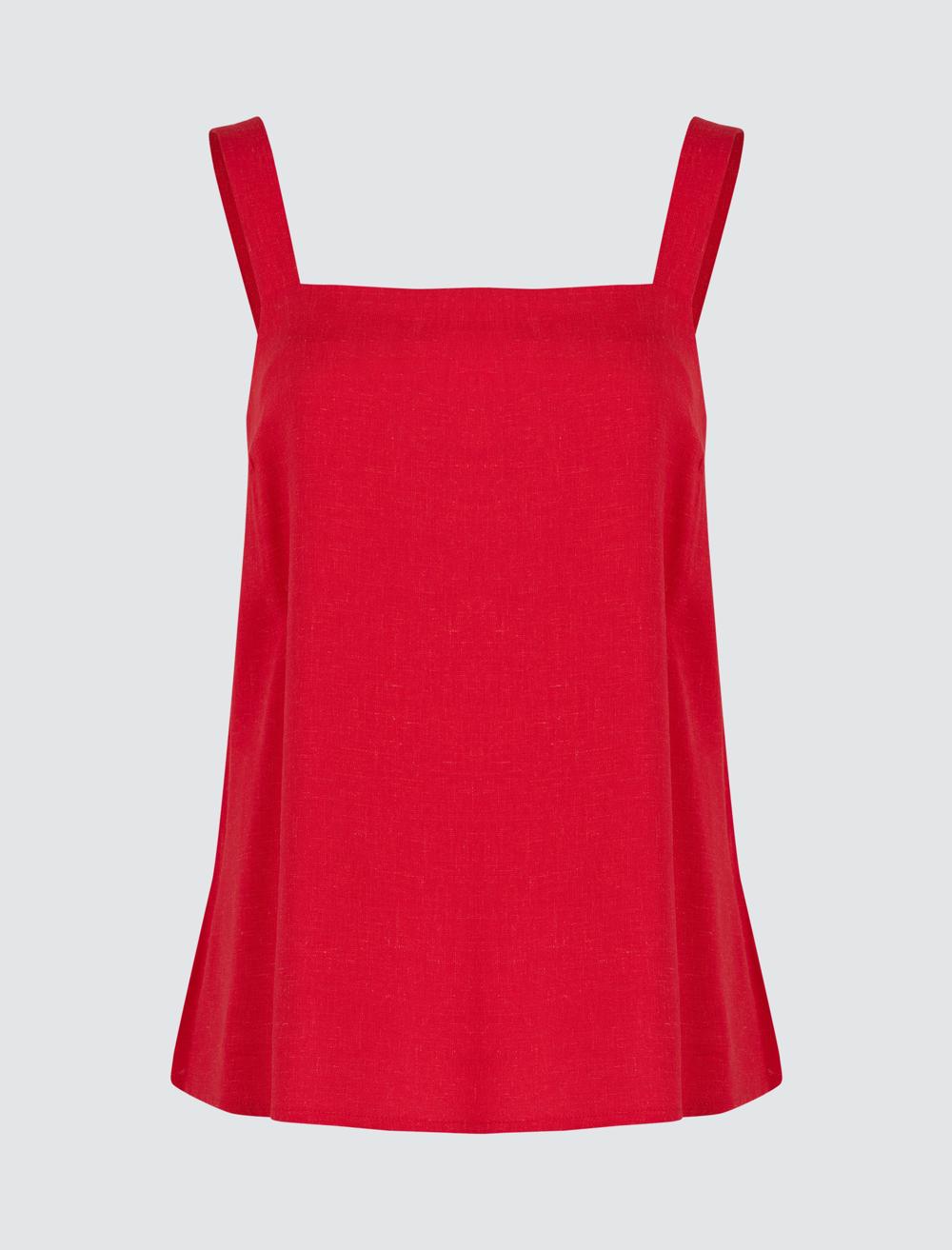 Square Neck Linen Basic Blouse with Straps - 24SB044018