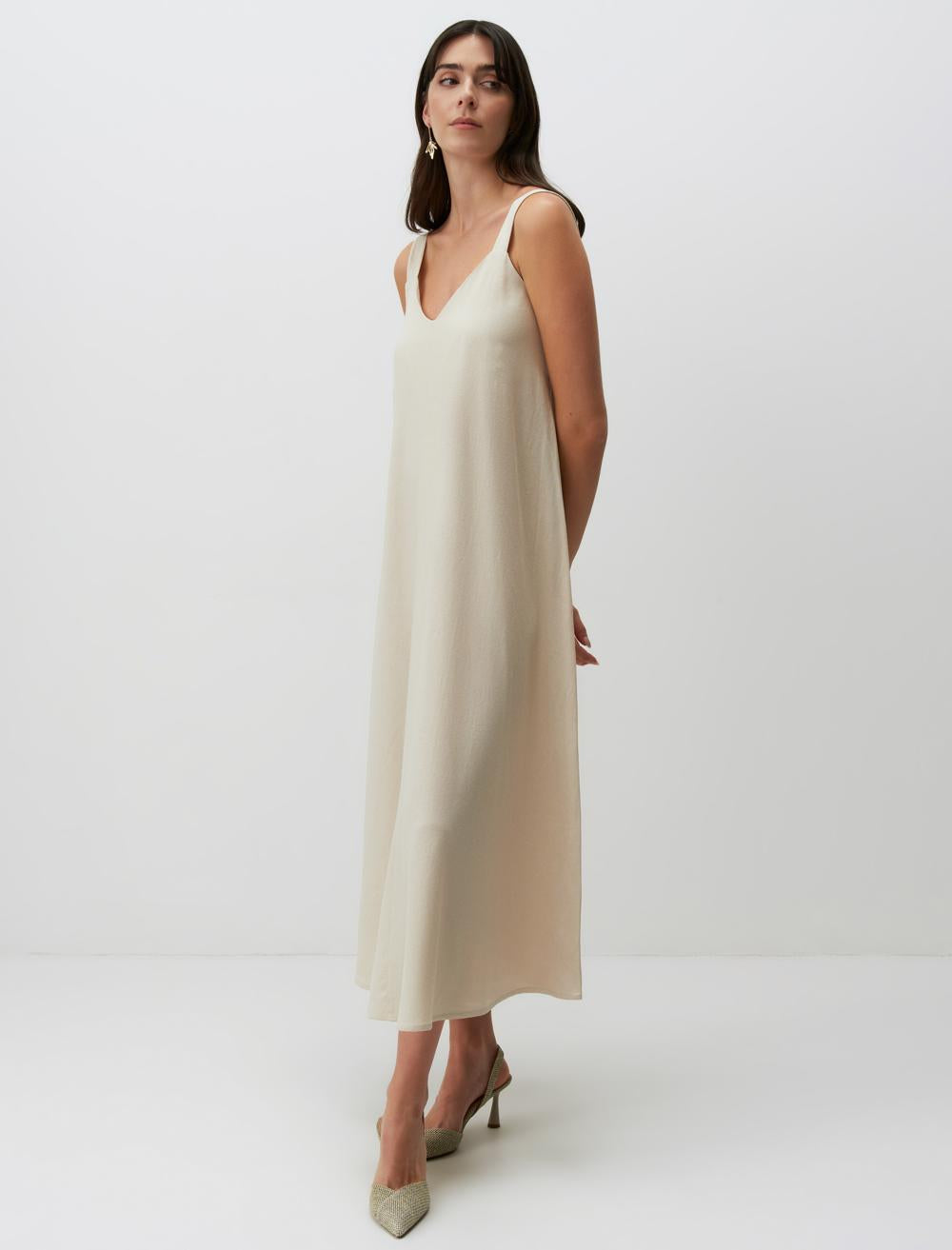 Strappy V-Neck Basic Midi Linen Dress - 24SE055679
