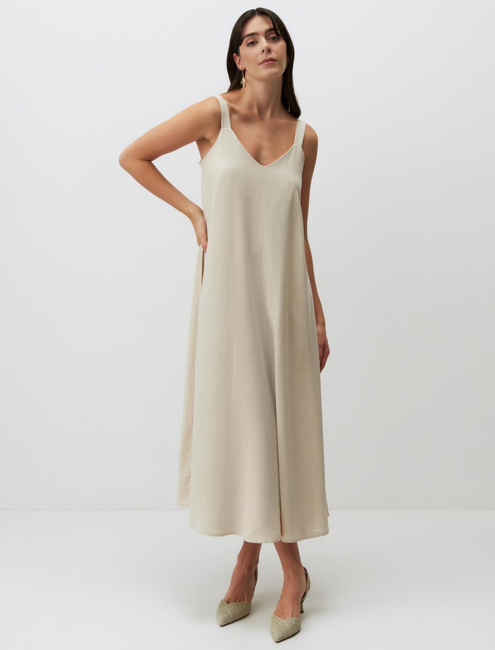 Strappy V-Neck Basic Midi Linen Dress - Stone - 24SE055679928