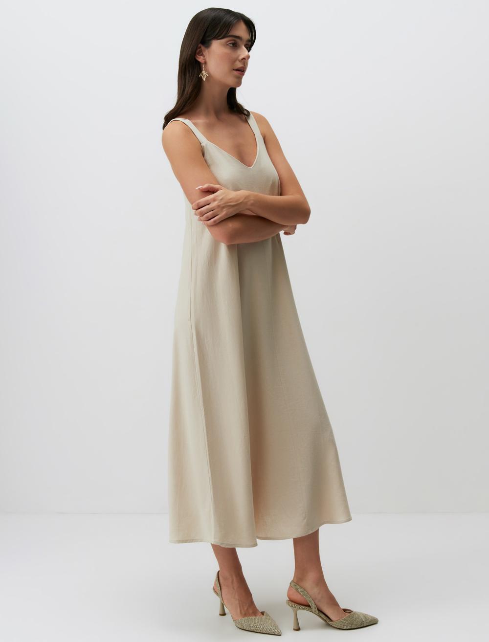Strappy V-Neck Basic Midi Linen Dress - Stone - 24SE055679928