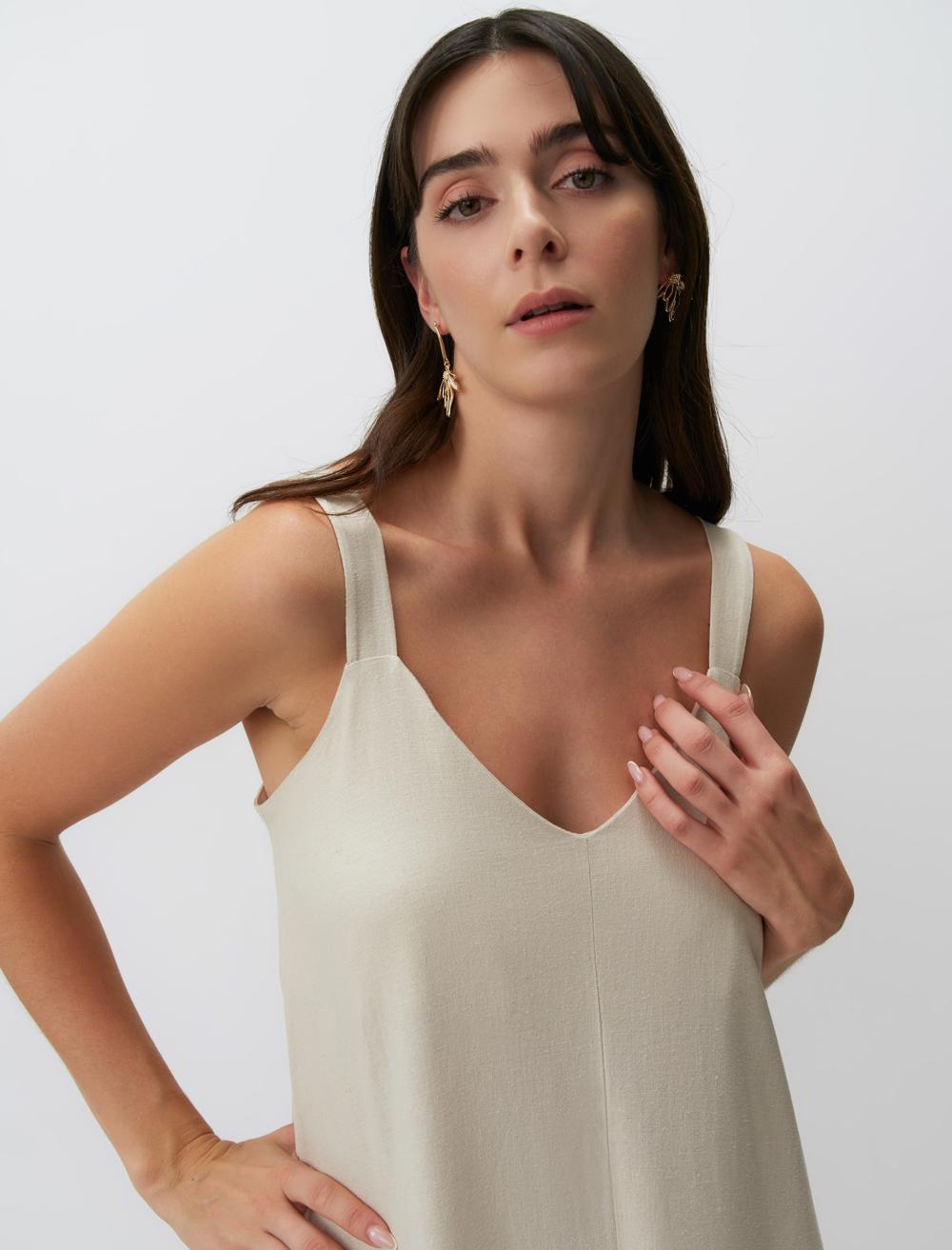 Strappy V-Neck Basic Midi Linen Dress - Stone - 24SE055679928