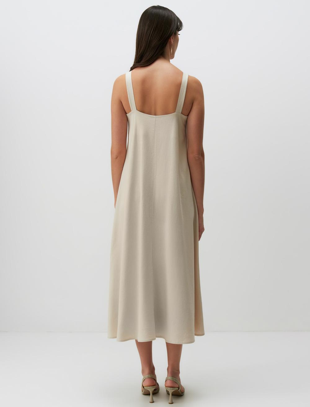 Strappy V-Neck Basic Midi Linen Dress - 24SE055679