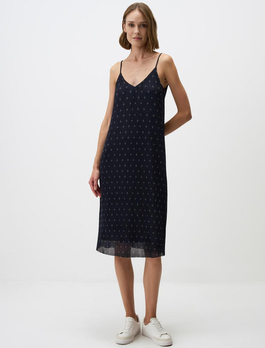 Strappy V-Neck Patterned Mesh Midi Dress