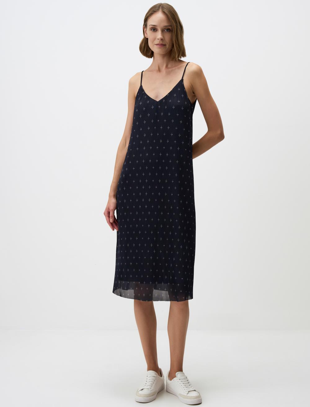 Strappy V-Neck Patterned Mesh Midi Dress